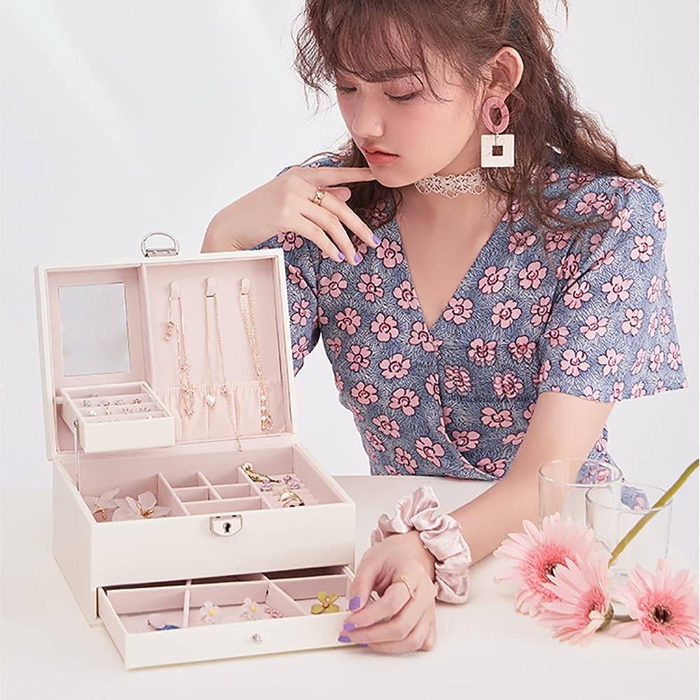 Lockable Jewelry Box,3-layers PU Leather Jewelry Organizers for Women ,Jewelry Display for Rings Earrings Necklaces Watches, White: Home Improvement