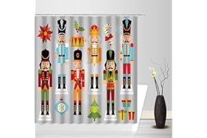 ZNLSU Christmas Nutcracker Shower Curtain Cracker Nut Clipart Crown Drum Poinsettia Cane Berry Cartoon Cool Winter Holiday Fabric Bathroom Curtain Sets with Hooks