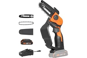 Worx 20V 5" Mini Cordless Chainsaw, 3.9 lbs, 22 ft/s Chain Speed, Power Share Battery, Upper & Hand Guard WG324 - Battery & Charger Included