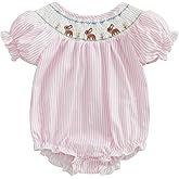 Adobabirl Baby Girl Easter Outfit Bunny Embroidery Smocked Bubble Romper Plaid Short Sleeve Bodysuit Cute Summer Clothes