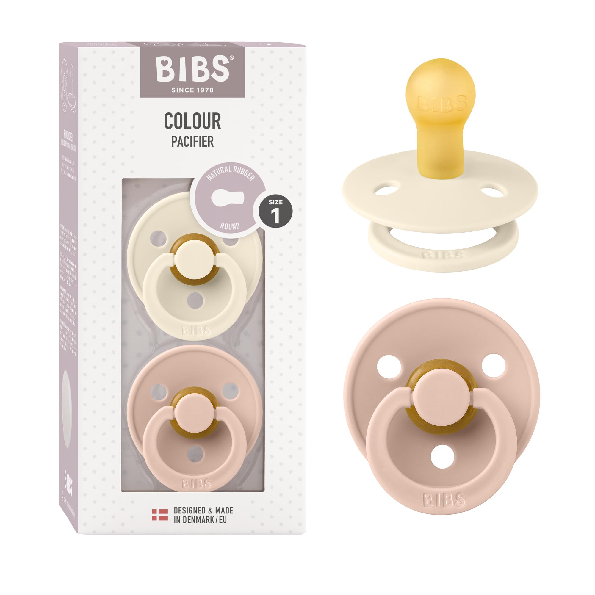 Photo 1 of BIBS Pacifiers Colour Collection | Natural Rubber Baby Pacifier | Set of 2 BPA-Free Soothers | Made in Denmark | 0+ Months (Pack of 2) | Blush/Ivory