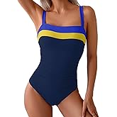 Eomenie Women's One Piece Swimsuit Tummy Control Ruched Bathing Suit Full Coverage Slimming Swimwear Color Block Swim Suit