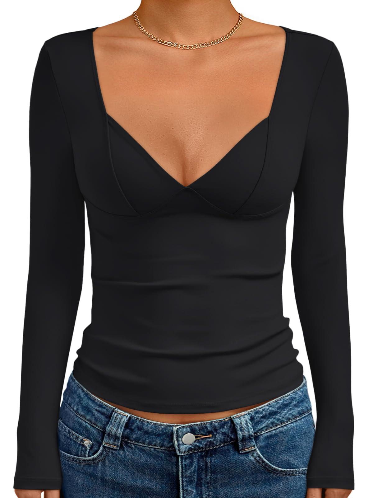 Photo 1 of Trendy Queen Long Sleeve Crop Tops Back to School Clothes Black Long Sleeve Shirts Going Out Top Fashion Clothing V Neck Basic Y2K Clothes Cute Shirt Corset M
