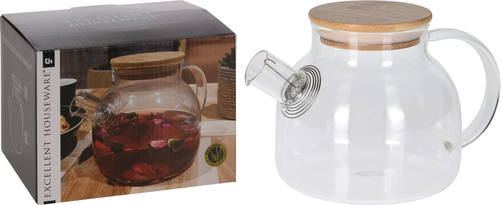 Abrus Glass Teapot - Borosilicate Tea Pot with Strainer for Blooming, Loose Leaf & Flowering Tea | 1L - Home, Restaurants, Office & Parties