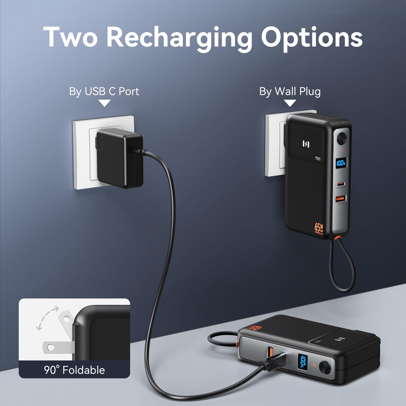 Fast Charging Portable Charger Power Bank 10,000mAh PD35W USB-C Battery Pack with 65W GaN Wall Charger, Built in USB C Cable for iPhone 16/1514/13 Series, Laptop, Samsung, Pixel, MacBook, Dell