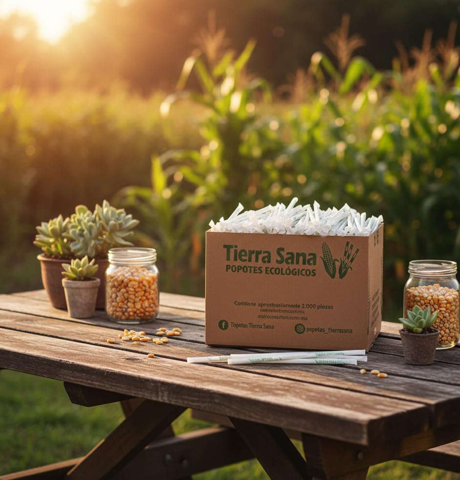 Popotes Ecológicos Tierra Sana, Estuchados Individualmente, Caja con 2000 piezas de 21 cm. Hechos con Maíz, Grado Alimenticio, Caja Mayoreo para Restaurantes, Cafeterías, Hoteles.