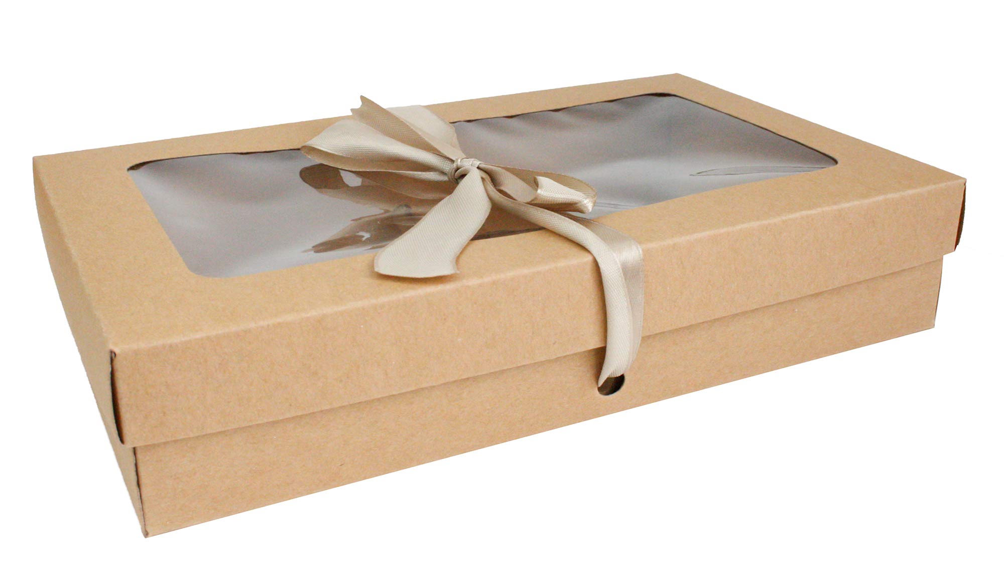 Emartbuy Pack of 36 Rectangle Shaped Presentation Gift Box, 25 cm x 15 cm x 5 cm, Brown Kraft Box with Clear Lid and Satin Ribbon