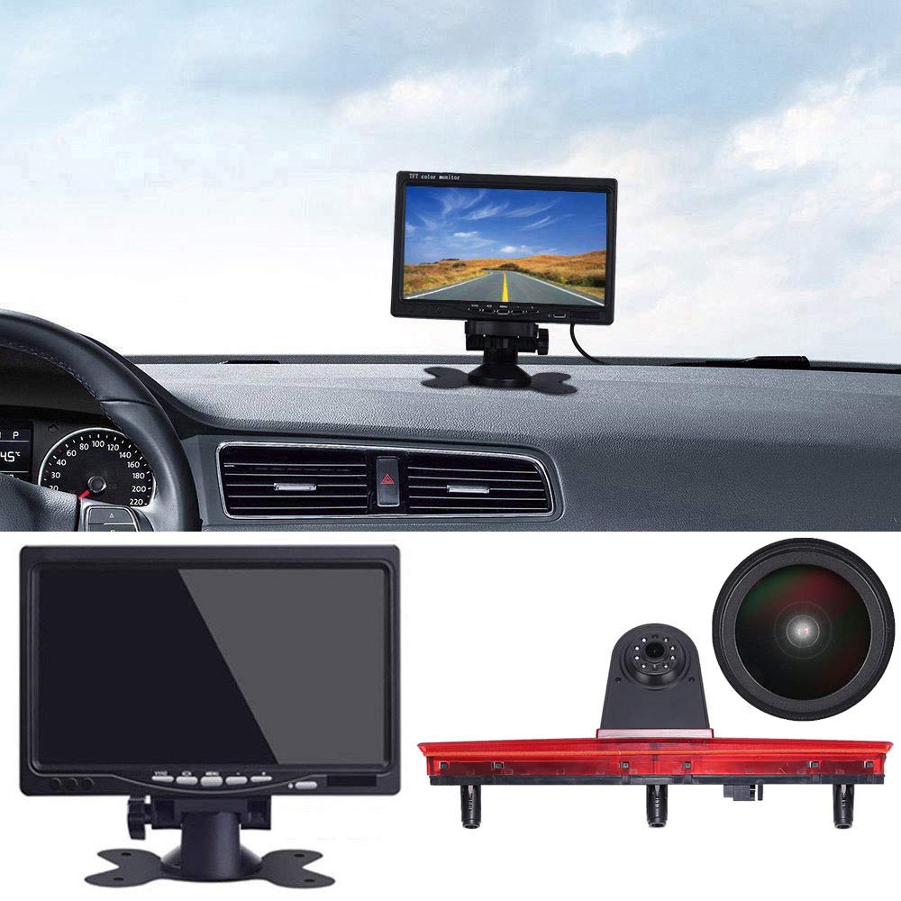 【With black back cover】Car brake light reversing camera replacement for VW T5 bus transporter multivan caravelle (new item: angle and distance adjustable) (18mm Camera+7'' TFT LCD Monitor)
