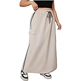 OYOANGLE Women's Plus Size Striped Side Drawstring Waist Cargo Skirt Loose Casual Maxi Skirts with Flap Pockets