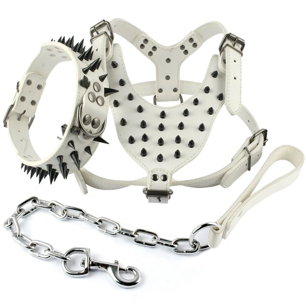Photo 1 of Berry Pet Leather Black Spikes Studded Medium Dog White Collar & Leash & Harness 3 Pcs Set for Pitbull Boxer Neck for 17-20"