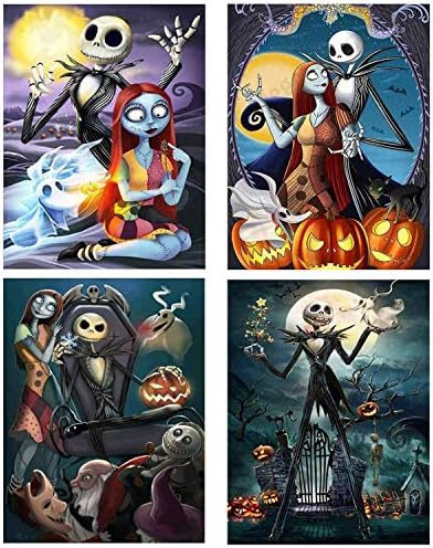 4 Pack DIY Halloween 5D Diamond Painting Art Full Drill Kits,Halloween Jack Skellington Pumpkin Skull Diamond Painting for Adults Kids Home Wall Decor