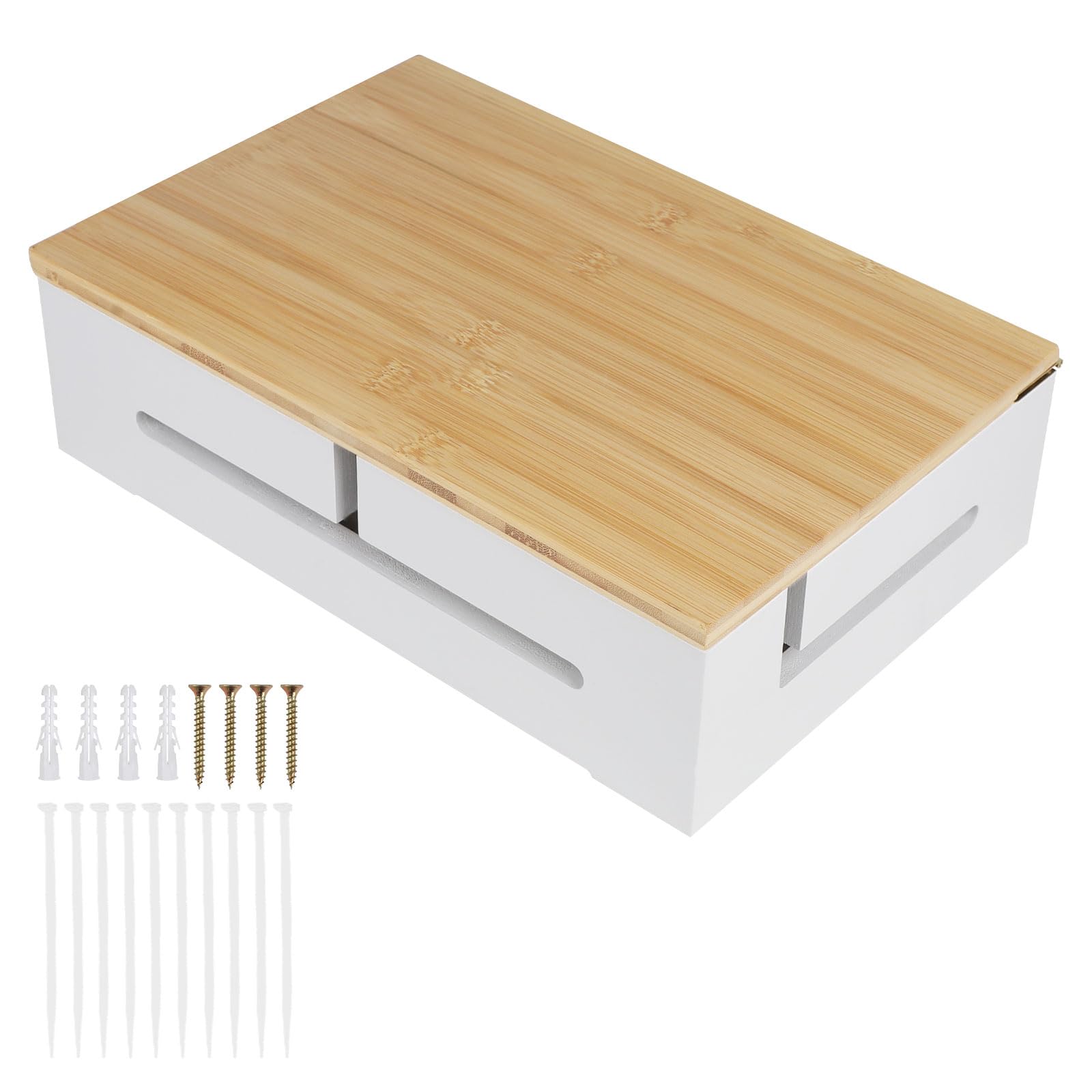 DBREAKS Wooden Cable Organiser Box with Magnetic Bamboo Lid, Wall Mountable, White