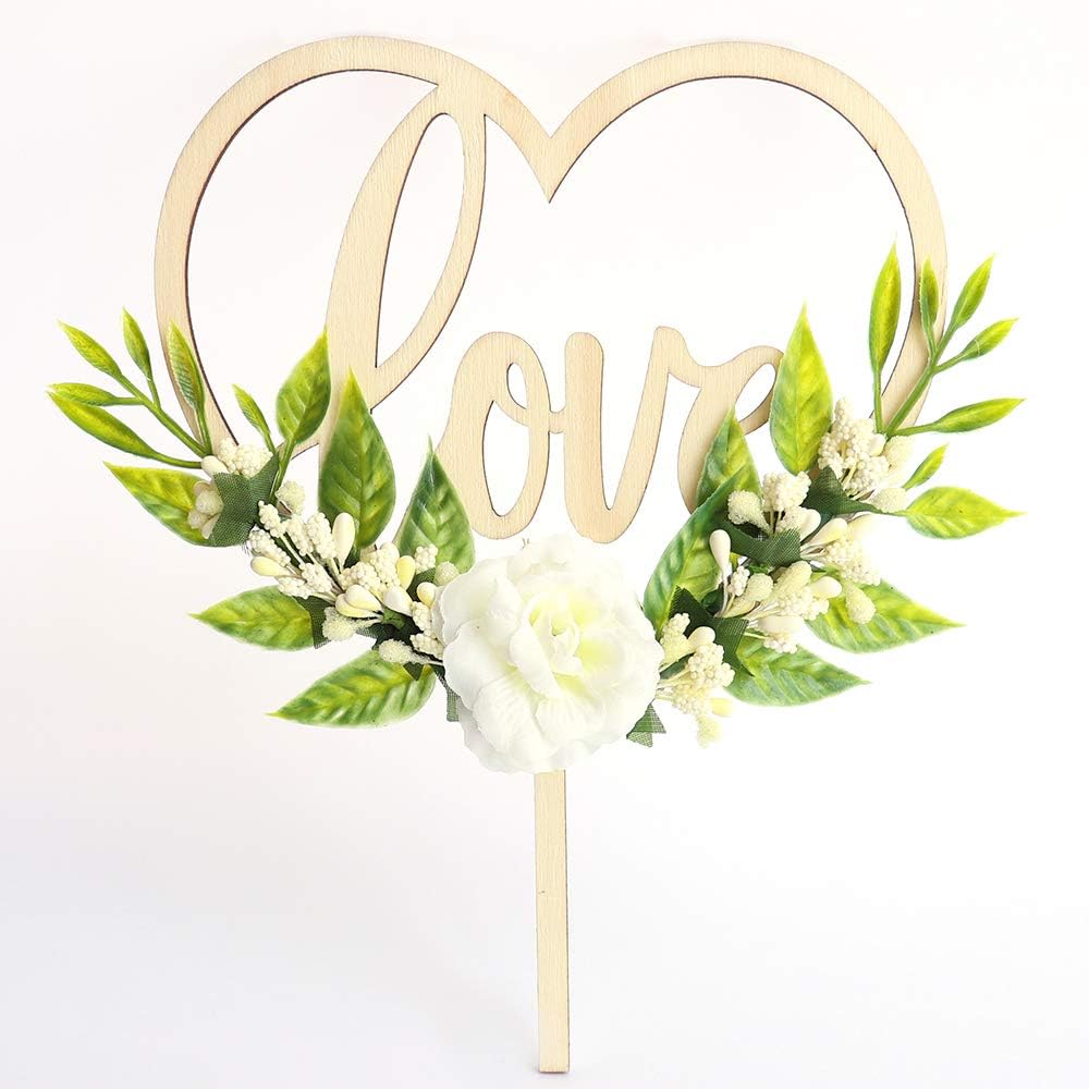Crmresin Wood Love Flower Leaves Valentine's Day Cake Toppers for Lover Birthday