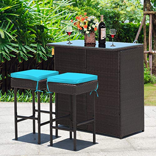 Tangkula Patio Bar Set, 3 Piece Outdoor Rattan Wicker Bar Set with 2 Cushions Stools & Glass Top