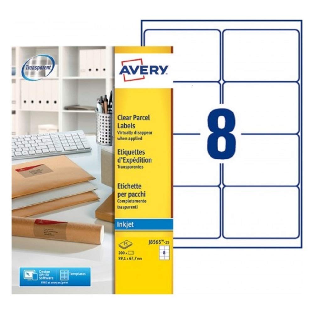 AVERY J8565-25 200 Transparent Adhesive Delivery Labels Customisable 99.1 x 67.7 mm Printing: Inkjet