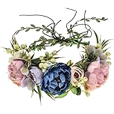 Vividsun Adjustable Flower Crown Floral Headpiece Floral Crown Wedding Festivals Photo Props (Blue and coral)