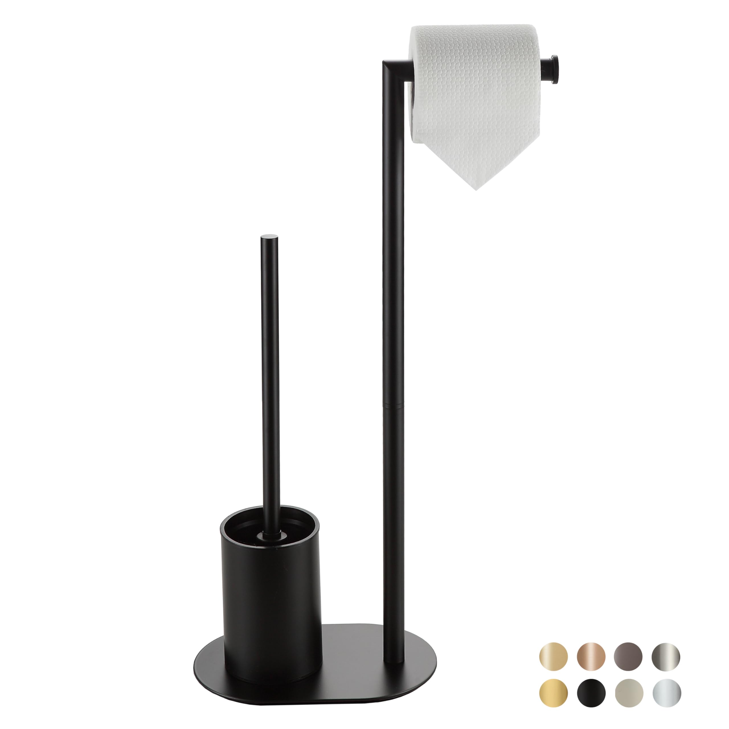 BVL Toilet Paper Holder with Black Toilet Brush, Stainless Steel Standing Toilet Roll Holder with Brush, Oval Base Set