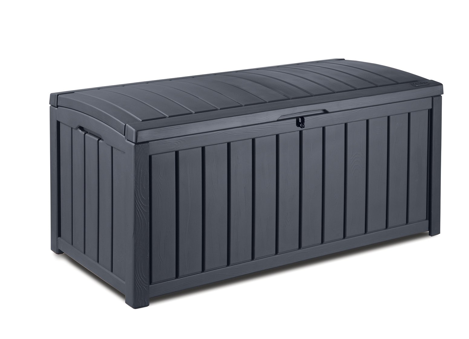 Keter Glenwood Cushion Box, Cushion Box, 390 Litre Volume, Waterproof, Graphite, Wood Look, Bench for 2 Adults, 128 x 65 x 61 cm, Garden Box