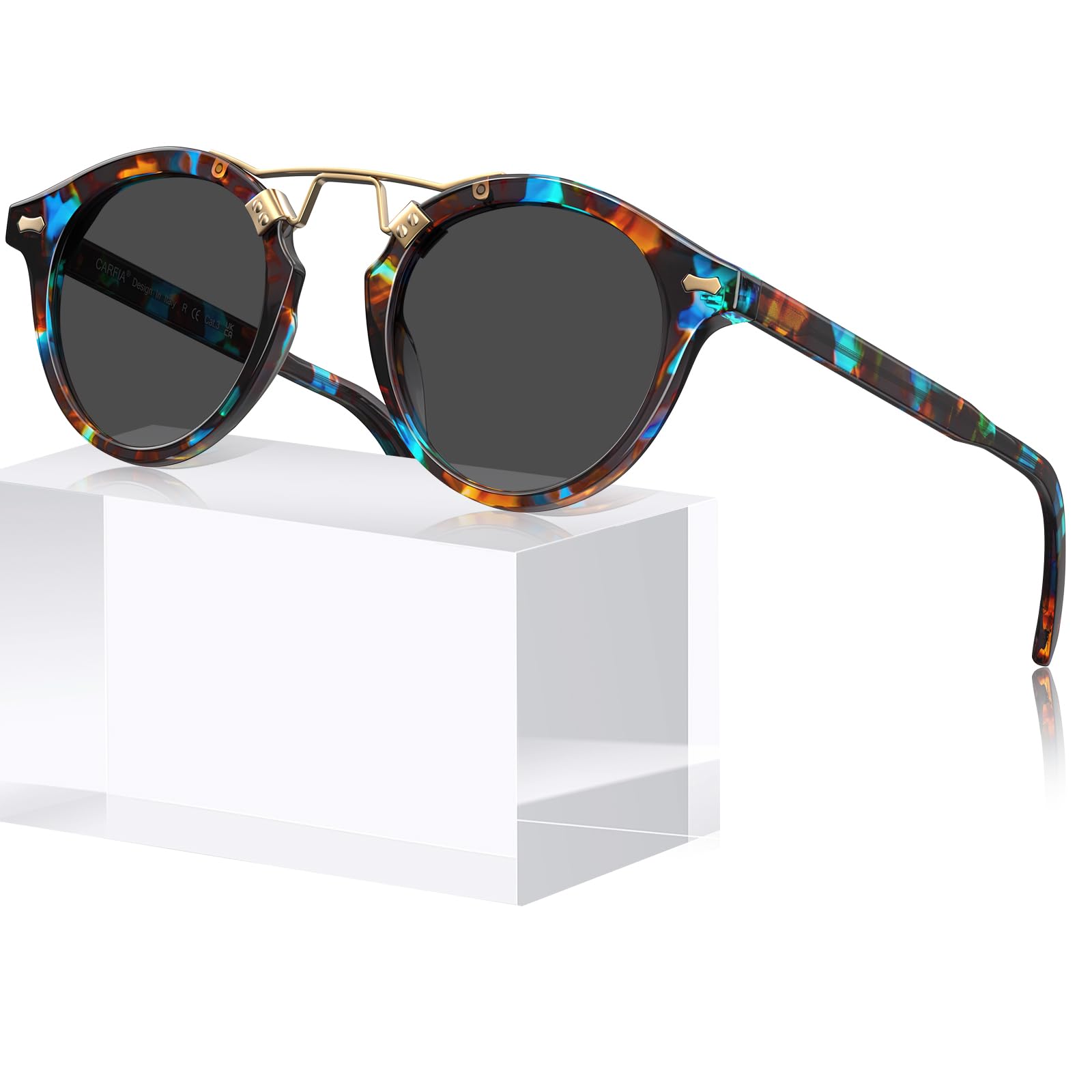 CARFIA Small Face Blue Floral Acetate Polarized Sunglasses for Women UV Protection, Retro Metal Double Bridge Round Eyewears Image