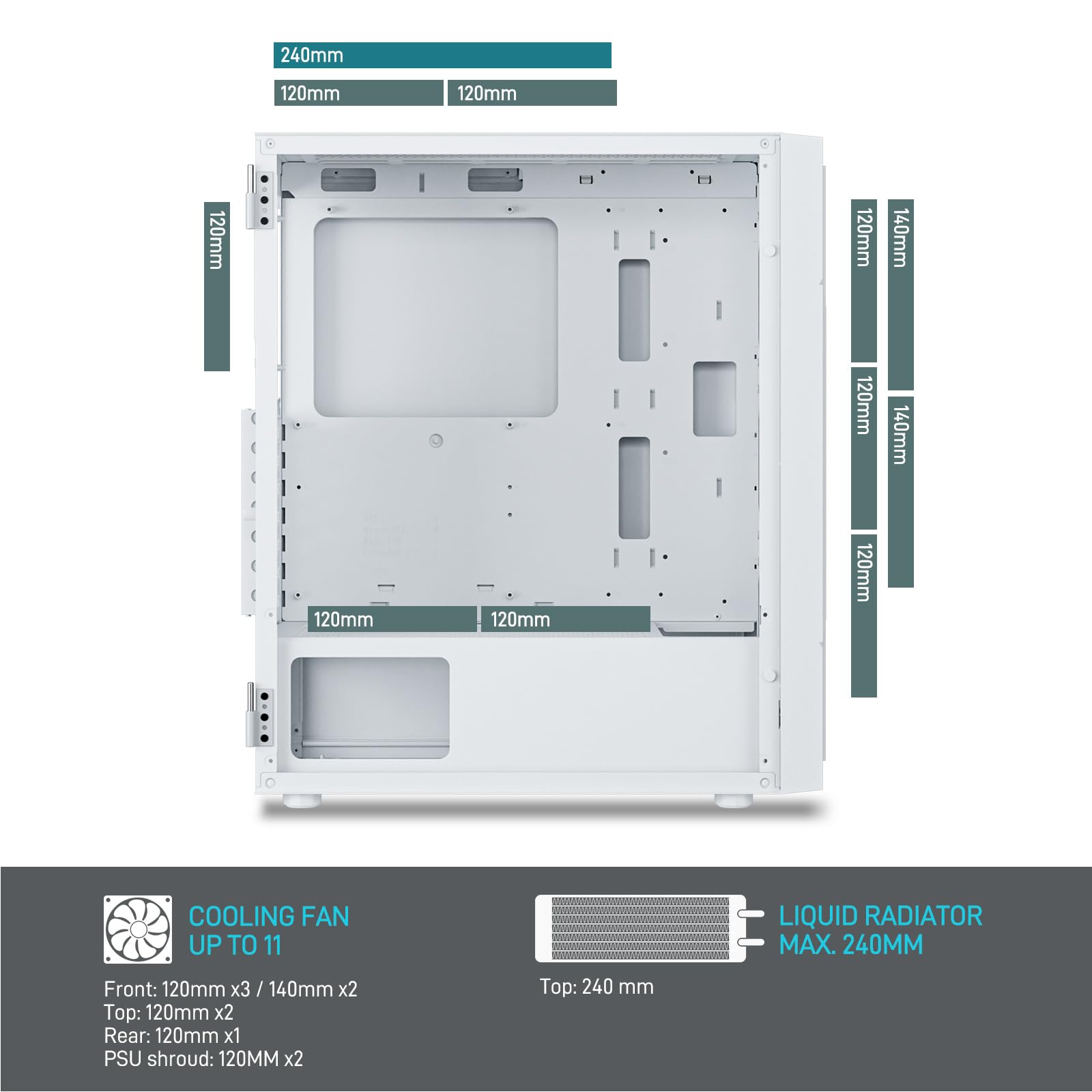 DARKROCK A8-M White Micro-ATX Mid Tower Computer PC Case for Gaming & Business Tempered Glass Side Panel Support 240mm Radiator on Top 1 x ARGB Fan & 2 x 120mm Cooling Fans Pre-Installed