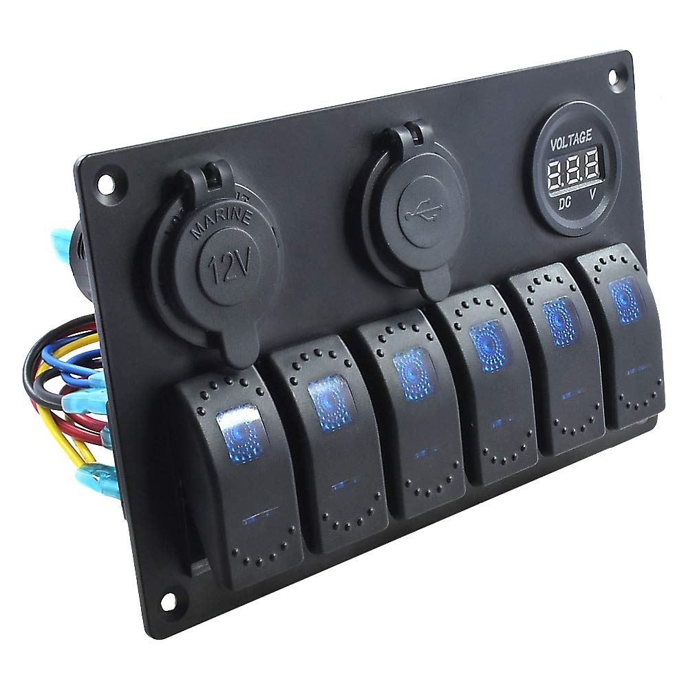 Garfour6 Gang Marine Boat Rocker Switch Panel, 12V Waterproof RV Led Switch Panel for Car Truck Marine Boat, Digital Voltmeter Display Dual USB Charger Port DC 12 Volt Socket 12/24V Blue Lighted: Industrial & Scientific