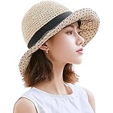 Women Floppy Cloche Straw Hat Wide Brim Straw Bucket Hat Sun Protection Bowler Cap UPF 50+ Beach Sun Cap