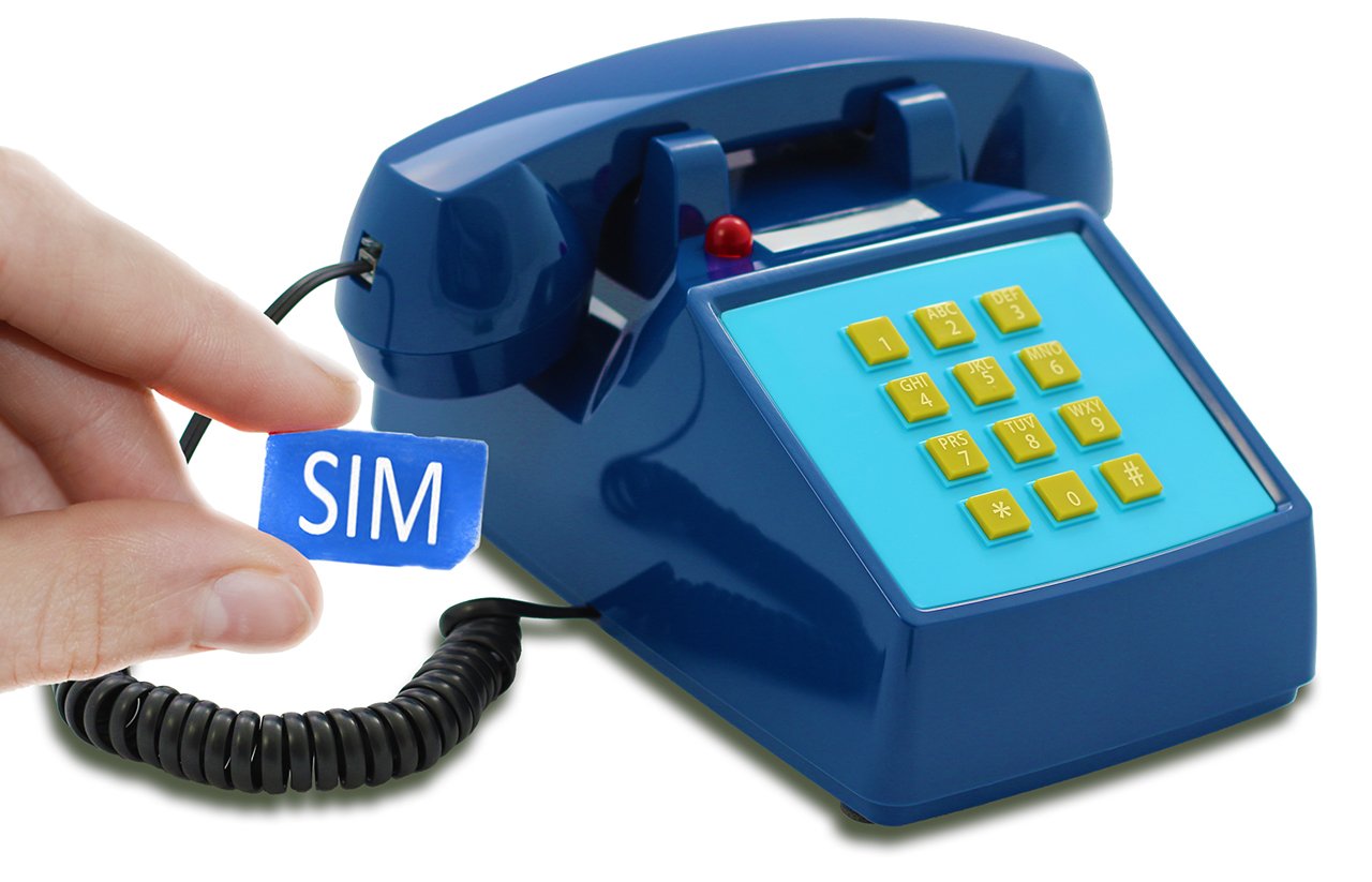 Opis PushMeFon Mobile: Retro GSM SIM Desk Phone - the Desktop Mobile Telephone with Simcard that replaces a landline in Dark Blue