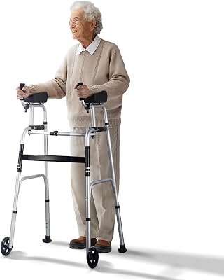 Deambulatore Pieghevole 2 in 1 Ausilio per Mobilità con Ruote Anteriori, Braccioli Rimovibili, Altezza Regolabile con Ruote Solide da 127 mm Alluminio Leggero, per Anziani Disabili, 204,11 kg