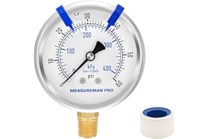 MEASUREMAN PRO 2.5'' Glycerin Filled Pressure Gauge, 0-60psi/kpa, 304 Stainless Steel Case, 1/4" NPT Lower Mount,for Pool Sand Filter, Water Pump, Propane, Coolant, CO2, Gas Test