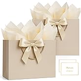 ANZNKU 2PCS Gift Bags, Birthday Gift Bags with Handles 4 Tissue Paper 2 Ribbon 2 Cards, Medium Present Bag for Women Engagement Wedding Bridal & Baby Shower, Valentine, Party Favors(Champagne Beige)