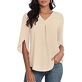 LAOLASI Womens Summer Chiffon Blouses 3/4 Sleeve V Neck Casual Loose Work Tops for Leggings 2025 Flowy Dressy Tshirts