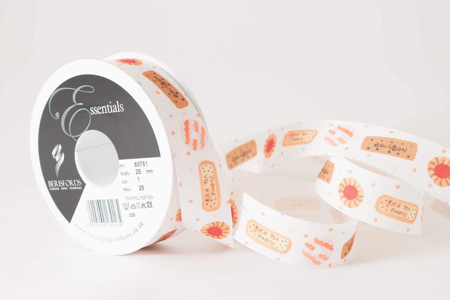 Berisfords Taffeta Patterned Ribbon ‘Tea Time’ Multicolour on White 25mm Wide 25m Reel