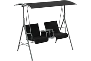 Outsunny Double Outdoor Swing Chair 2 Person Covered Swing Porch Swing w/Pivot Table and Storage Console, Black