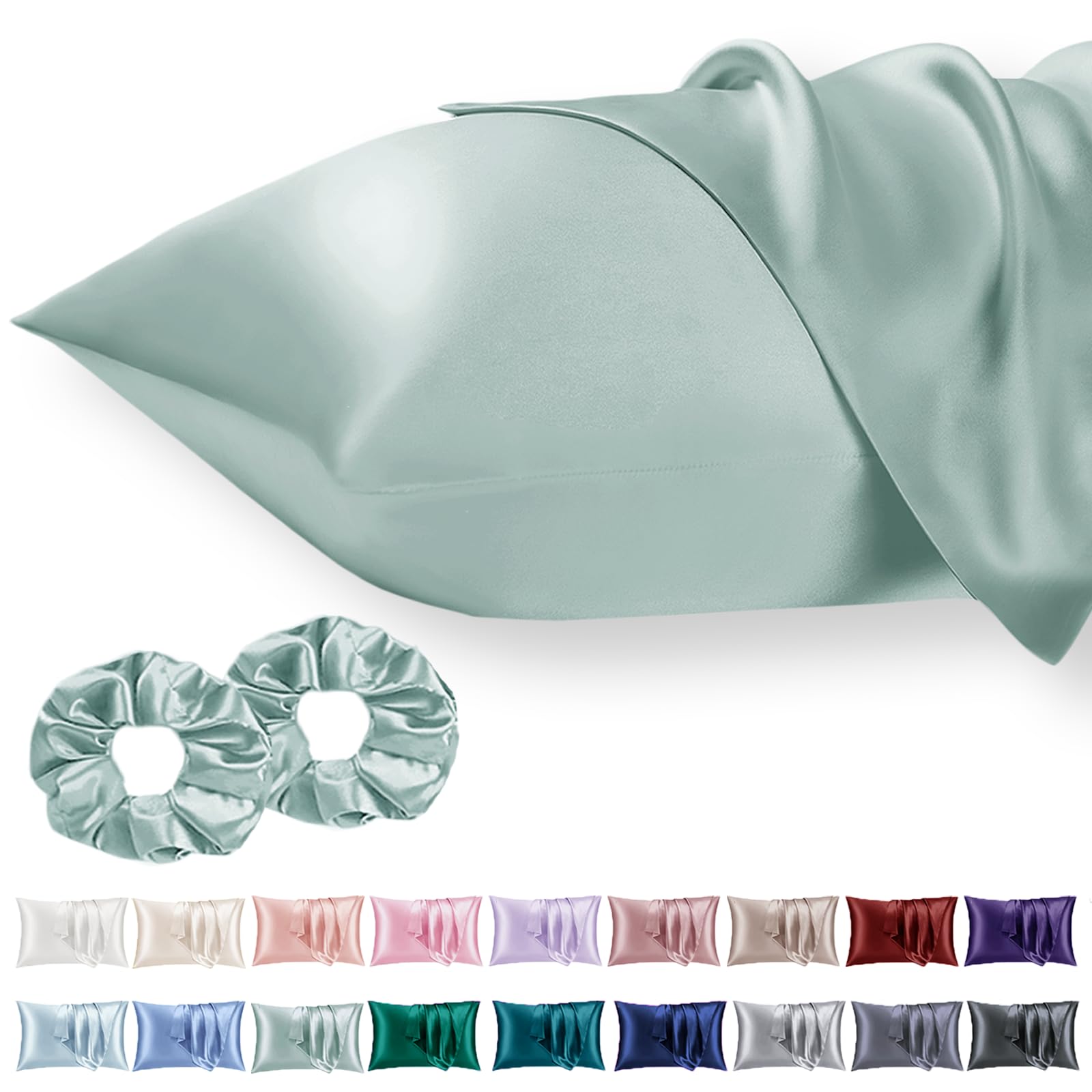 Vielit 2 Pack Satin Pillowcase for Hair and Skin Cooling,Soft as Silk Pillowcase for Hair and Skin,Easier Care than Silk Pillow Case Green 50x75cm Gifts for Women Envelope & 2 Scrunchies