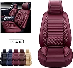 OASIS AUTO Leather Car Seat Covers, Faux Leatherette Automotive Vehicle Cushion Cover for Cars SUV Pick-up Truck Universal Fit Set for Auto Interior Accessories (OS-002 Front Pairs, BURUNDY)