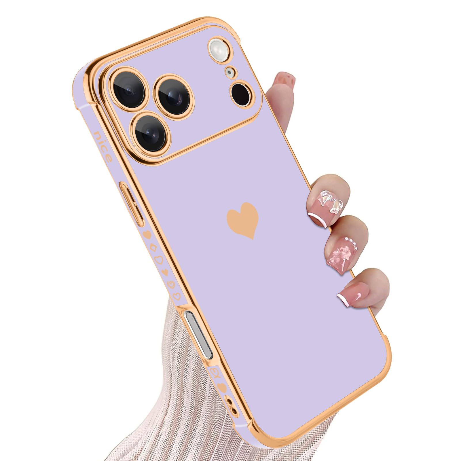 KANGHAR Compatible with iPhone 17 Pro Max 5G Case for Women Girl, Plating Edge Cute Love Heart Soft TPU Bumper with 4 Corners Shockproof Protection Phone Case Cover (Purple)