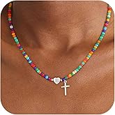 Fezodo First Communion Gifts for Girls Women Kids - Teen Girls Gifts Trendy Cross Cross Beaded Initial Necklace Dainty Letter Gifts Choker Necklace for Teens Girl Jewelry