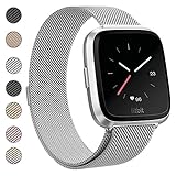 Deyo Fitbit Versa Bands for Women Men Large Small,Stainless Steel Milanese Loop Metal Replacement Bracelet Band with Magnetic Closure Accessories Wristbands for Fitbit Versa Smartwatch(Silver, S)
