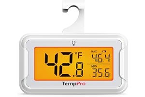 ThermoPro Refrigerator Thermometer with Large Backlit LCD Display, Waterproof Freezer Fridge Thermometer with Max/Min Record,