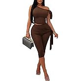 BDFSGS Two Piece Sets for Women Sleeveless Off the Shoulder Tops High Waist Bodycon Capri Pants Summer Outfits Clubwear