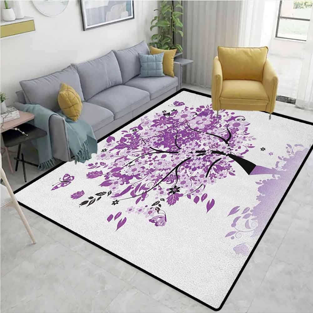 Nature Solid Carpet, Spring Tree of Life Sacred Woods with Blooming Flower and Butterfly Flying Romance, Durable Carpet Area rug - Living Dinning Room Bedroom Rugs and Carpets(8'x 10') Lilac Purple