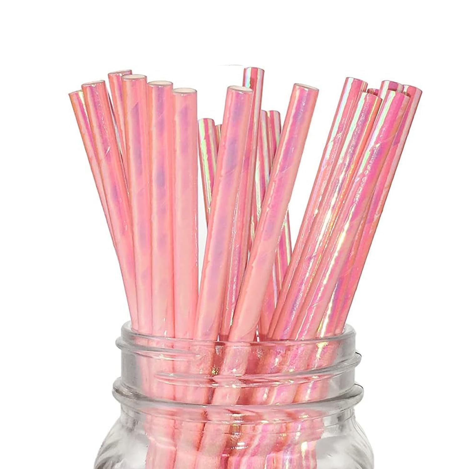 Cute Iridescent Pink Paper Straws, 100 Pack Disposable Pretty Pastel Straw Coral Pink Pearl Paper Drinking Straw for Cake Pop Sticks Party Wedding Decoration