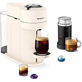 Nespresso Vertuo Next Coffee Machine with Milk Frother, Creamy White | Premium creamy white dark chrome finish by De'Longhi with slim design. Aeroccino3 frother bundle for hot or cold foam drinks.