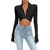 Lacozy Womens Sexy Going Out Crop Top Front Tie Bell Sleeve Wrap Shirt Cute Shawl V Neck Blouse Cardigan