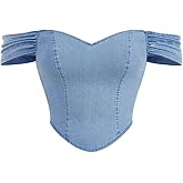 Floerns Women's Plus Size Strapless Crop Denim Top Zip Back Curved Hem Party Date Night Going Out Jean Tube Tops