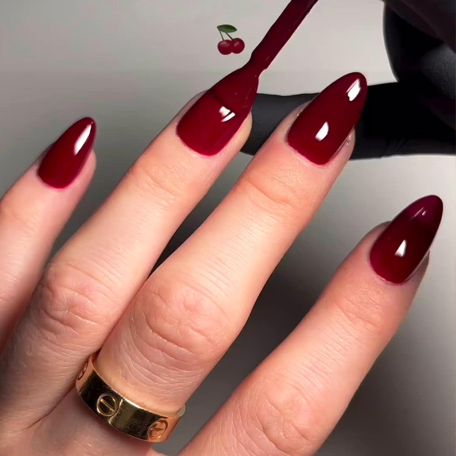 GLAMERMAID Cherry Red Press on Nails Medium Almond, Handmade Jelly Soft Gel Dark Red Glue on Nails Stiletto, Burgundy Emo Fake Nails Short Oval, Reusable Acrylic Stick on False Nails Kit for Women - Image 2
