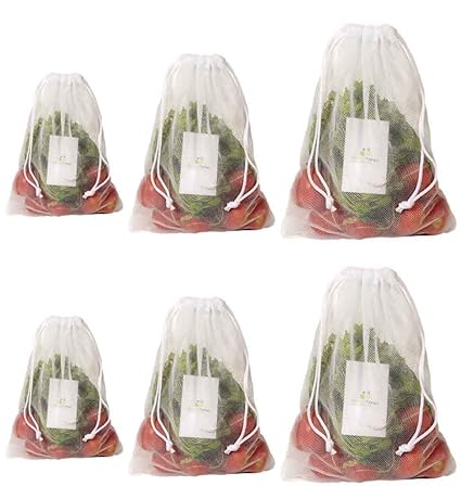 HomeStrap Mesh Reusable Fridge Storage Bag for Fruits & Vegetables- Set of 6 (Double Layered