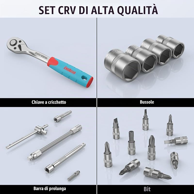 Set Chiavi a Bussola 46 Pezzi con 1/4", Bussole, Estensioni, Bits, Acciaio Cromo-Vanadio, Custodia Inclusa - Set Chiavi a Cricchetto Completo
