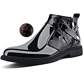 Men's Patent Leather Chunky Heel Chelsea Boots with Side Zipper Retro Round Head Square Texture Warm Plush Lining Business Formal Short Boots