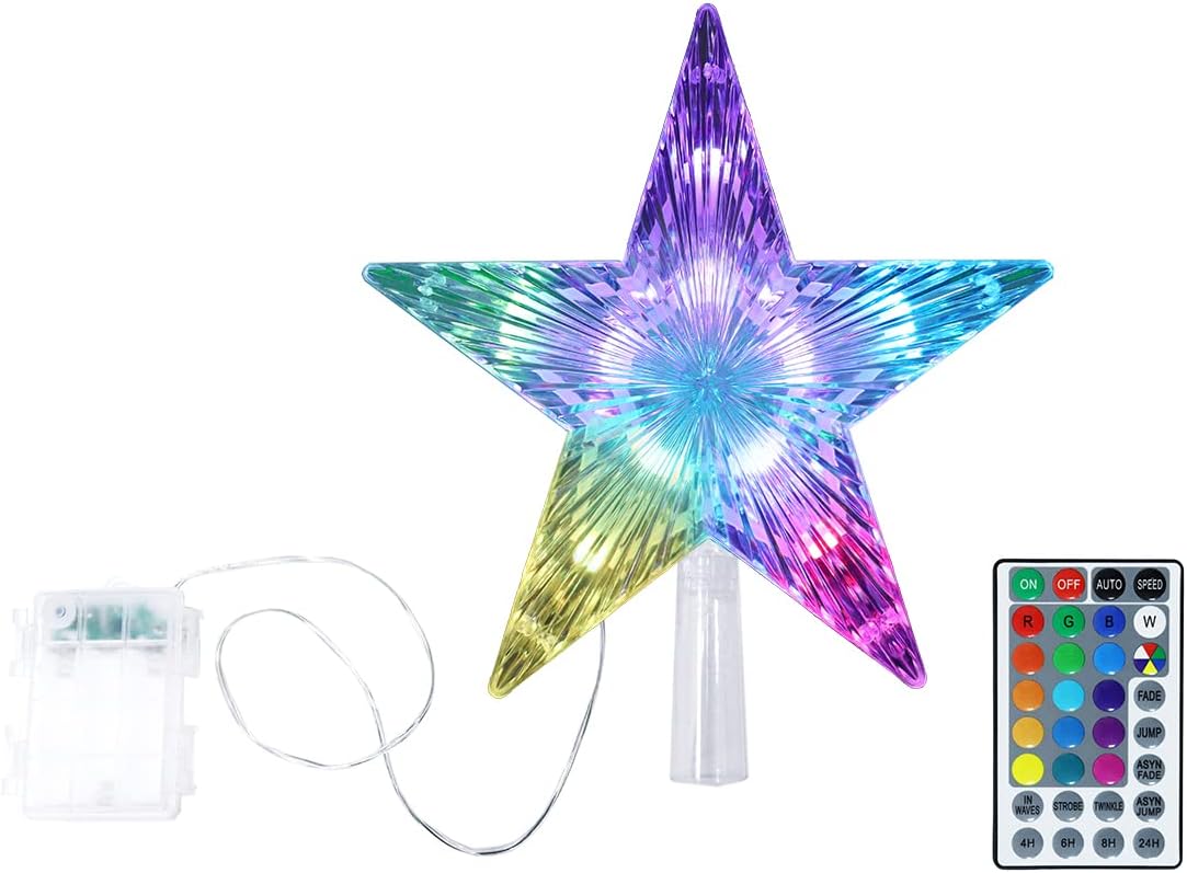 Tree Toppers - YAGE TALE Christmas Star Tree Topper Lights 9.5inch 17 colors 8 dynamic modes with Versatile Remote Controller 3AA Battery Powered Great Accessory for Christmas Tree Decorating（Indoor and Outdoor ）